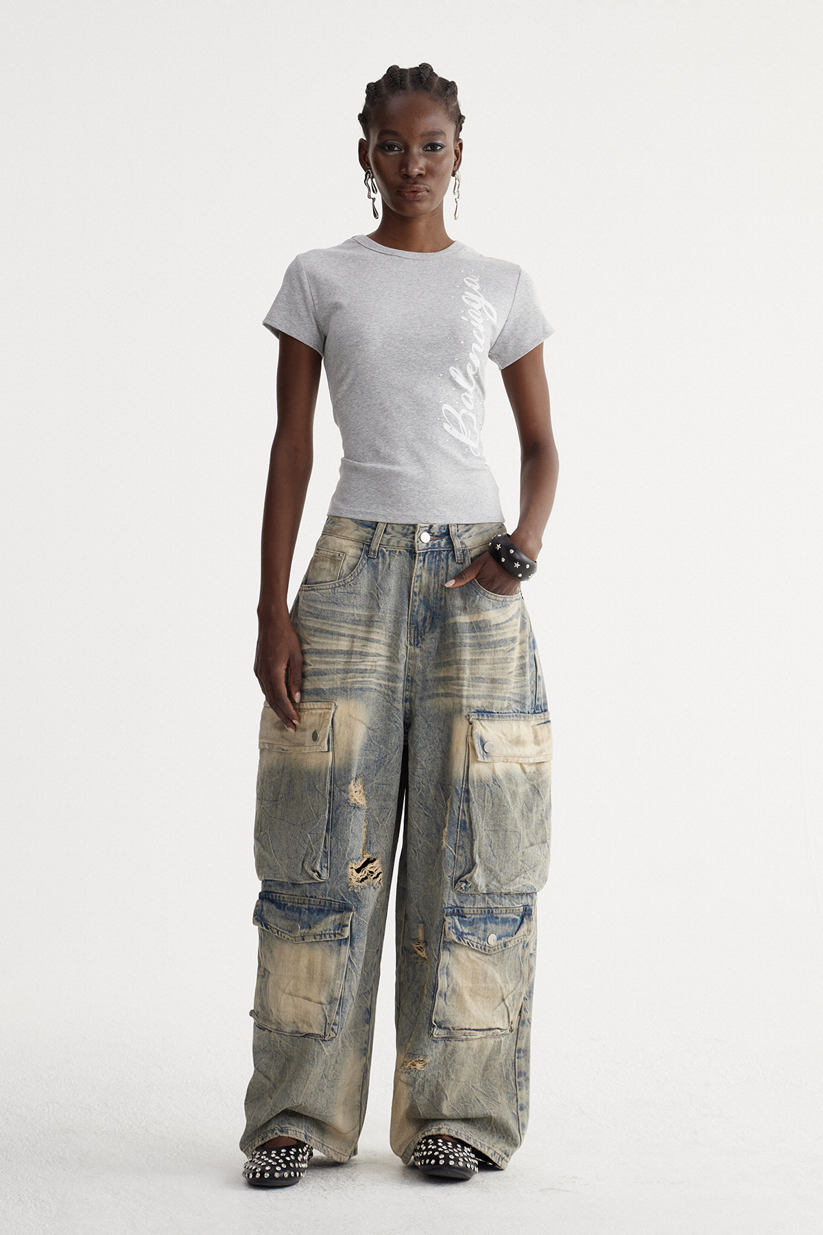 Iseul Ripped Bleached Cargo Jeans