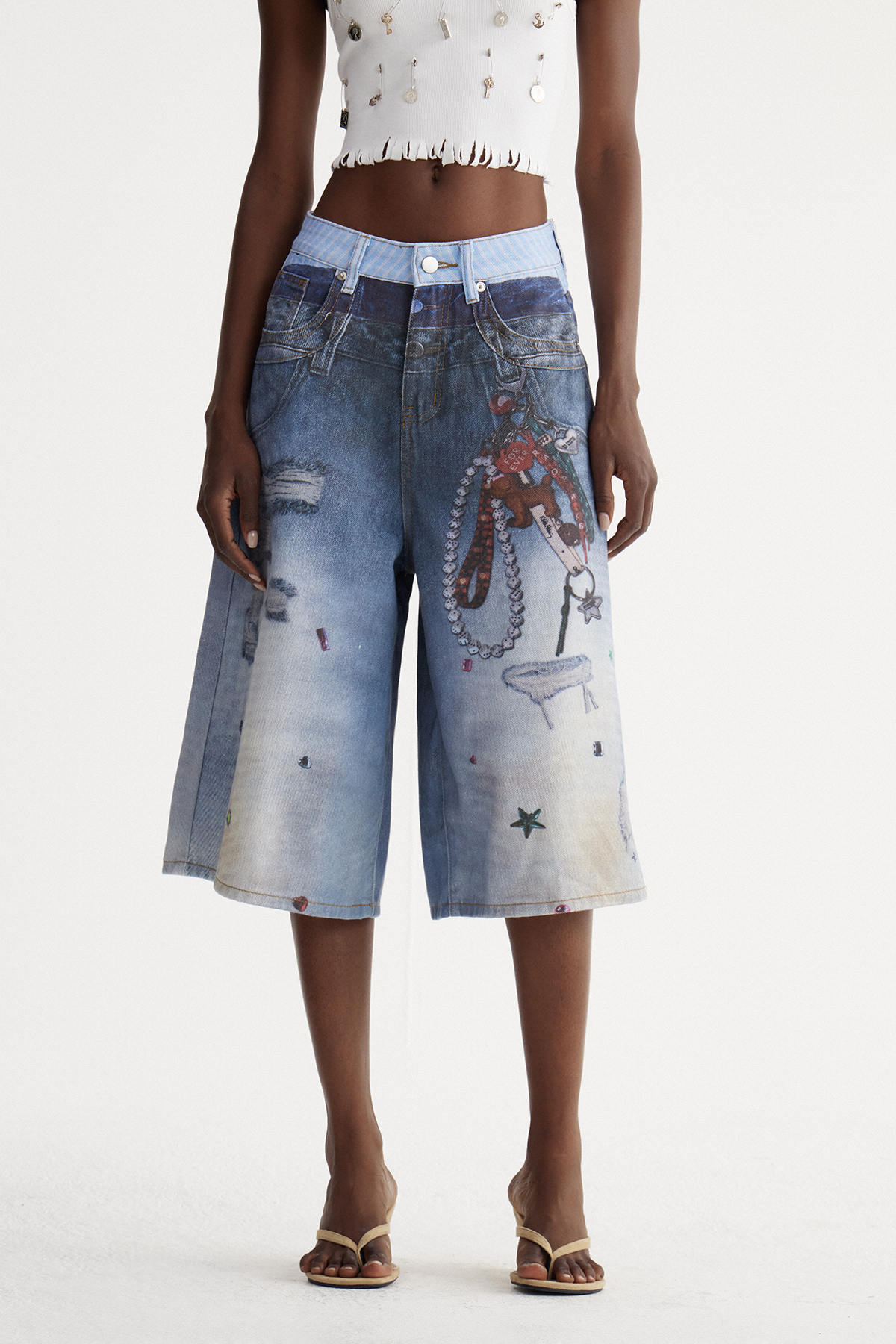 Ishkur Bleached Print Capri Jeans