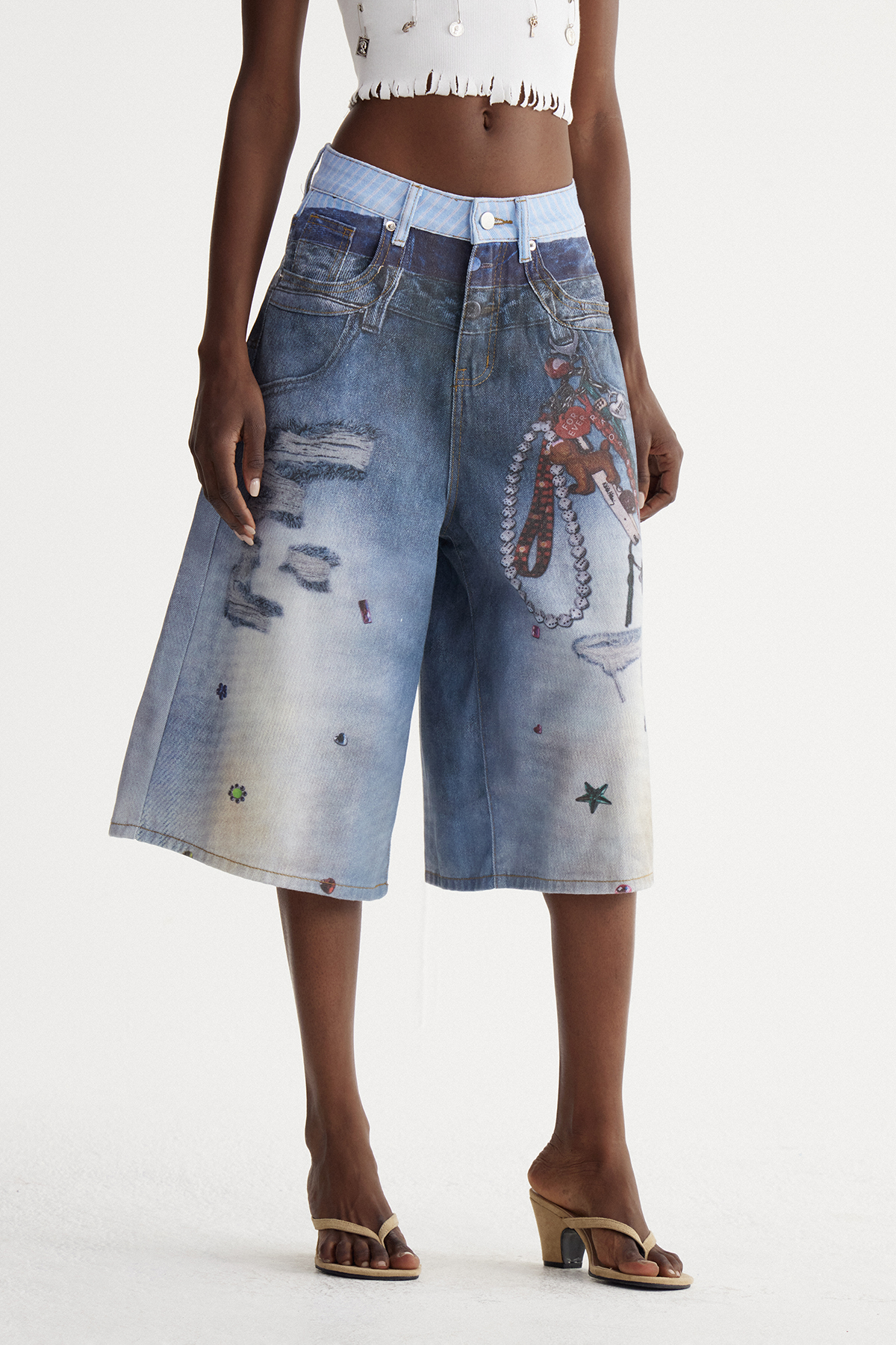 Ishkur Bleached Print Capri Jeans