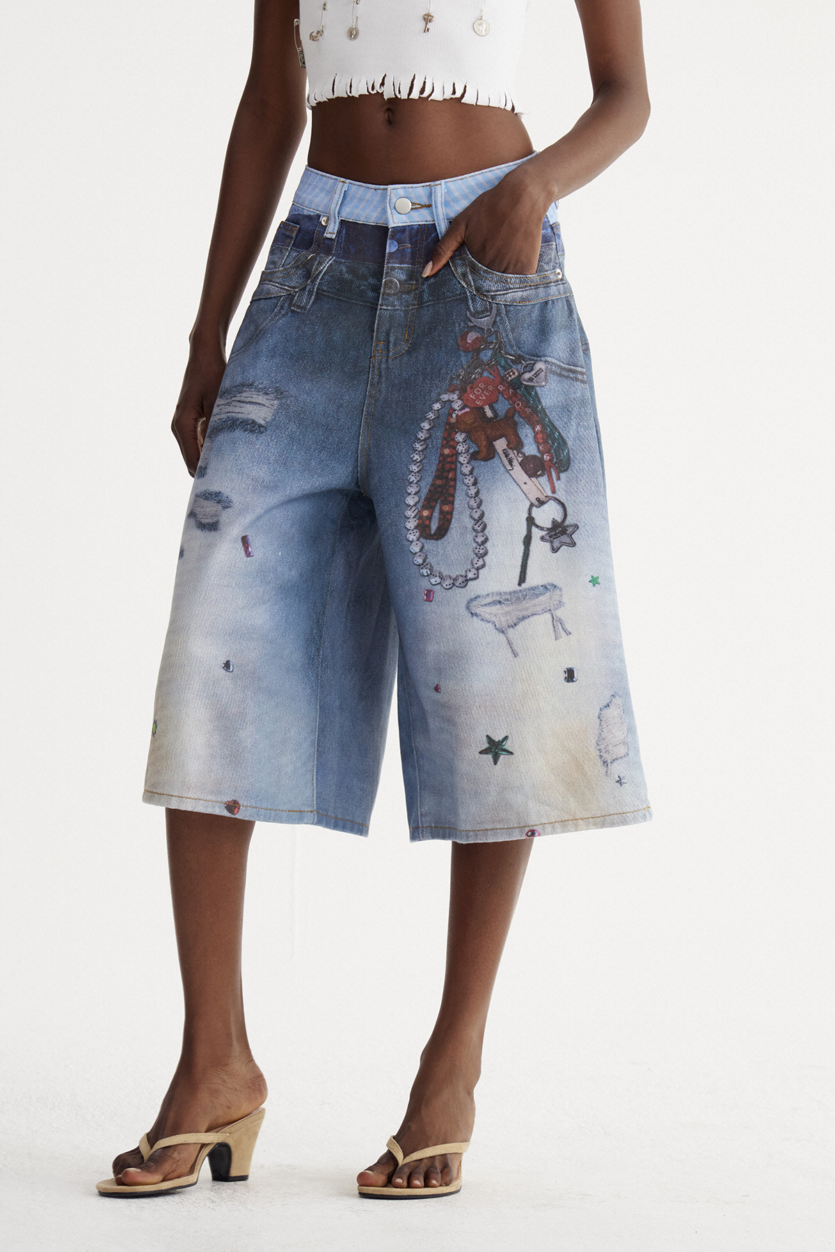 Ishkur Bleached Print Capri Jeans