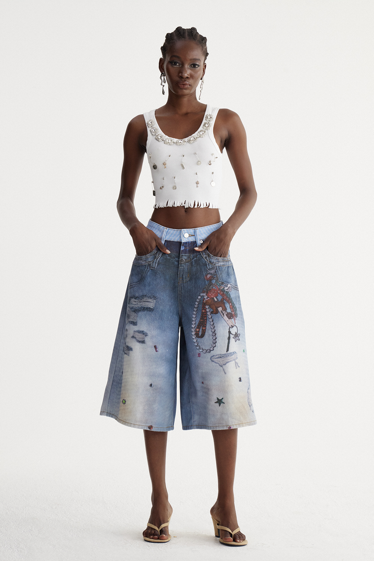 Ishkur Bleached Print Capri Jeans