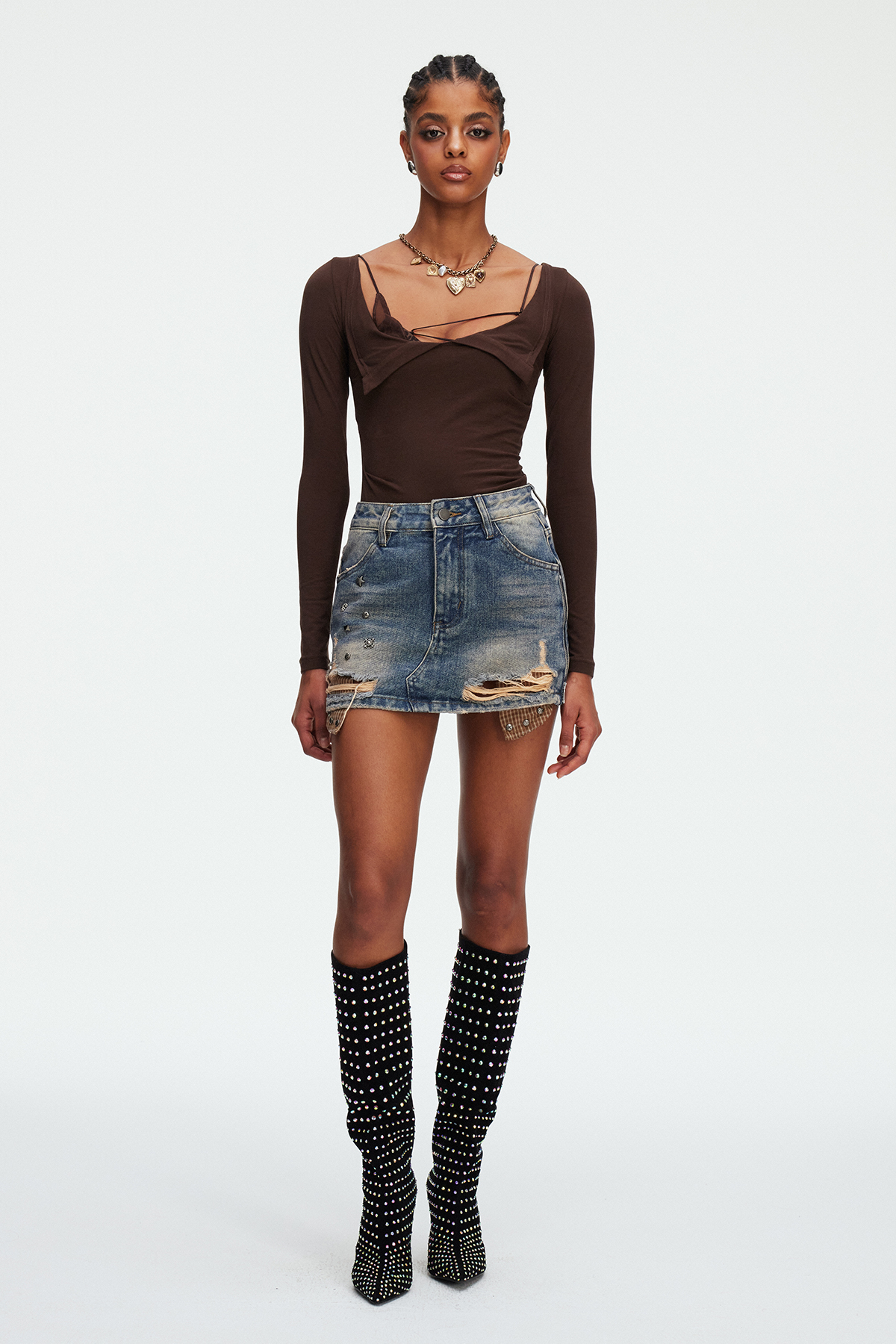 Ishmerai Bleached Studded Denim Mini Skirt