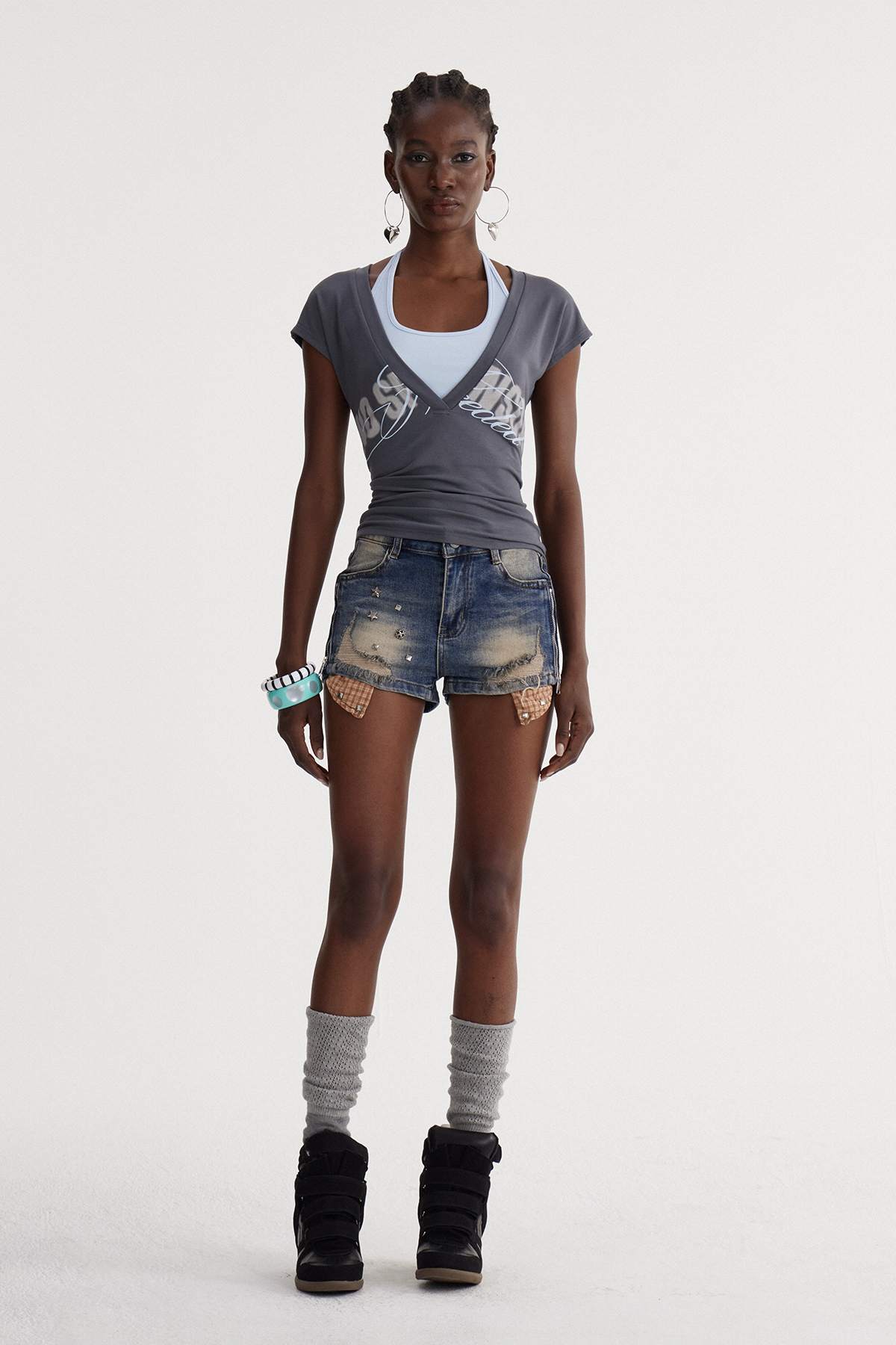 Ishmerai Bleached Studded Denim Shorts