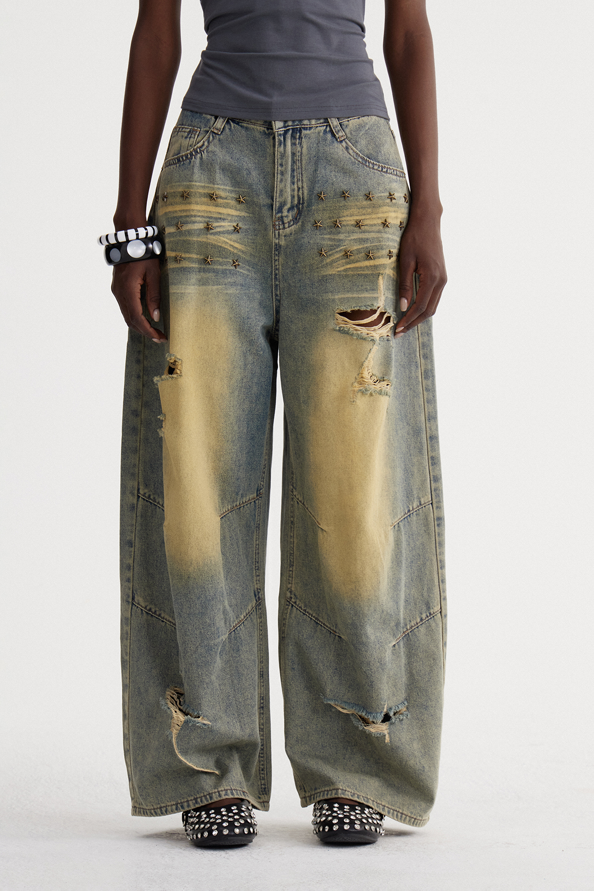 Ishmerai Ripped Studded Barrel Jeans