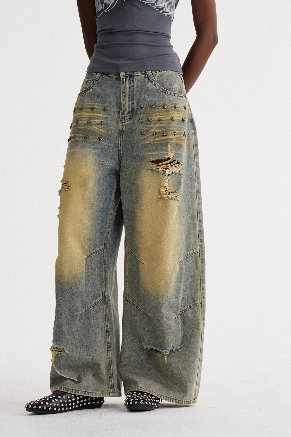 Ishmerai Ripped Studded Barrel Jeans