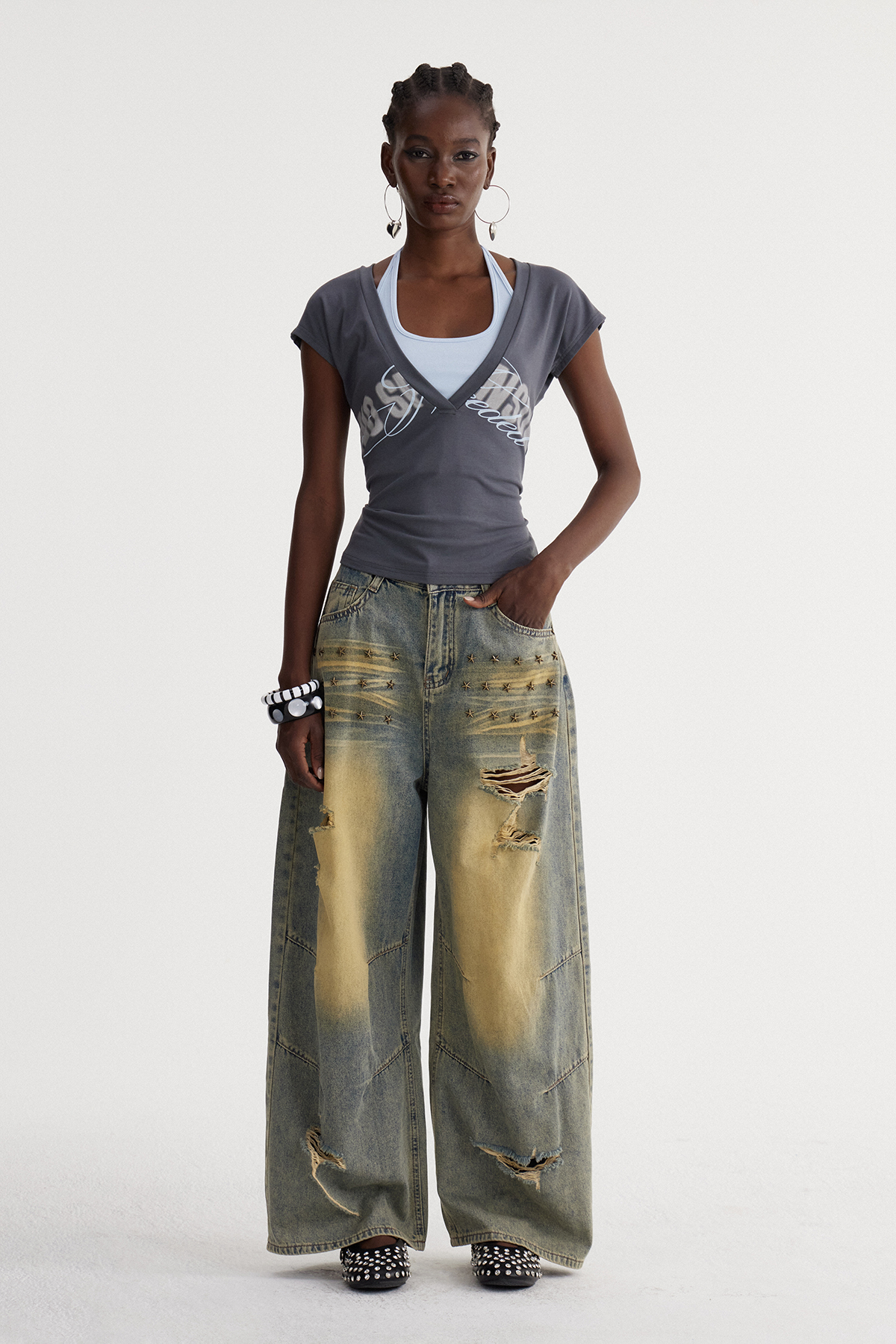 Ishmerai Ripped Studded Barrel Jeans