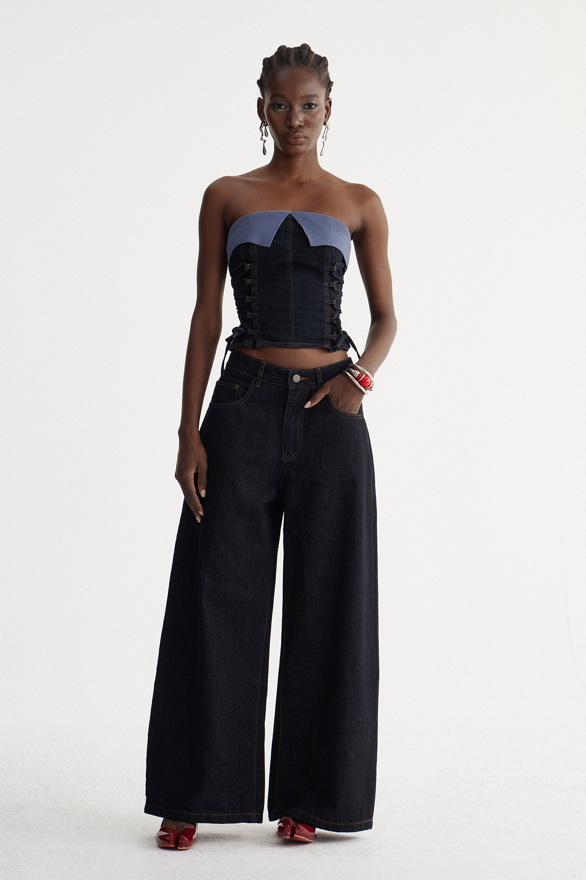 Iside Lace Up Denim Pants Set