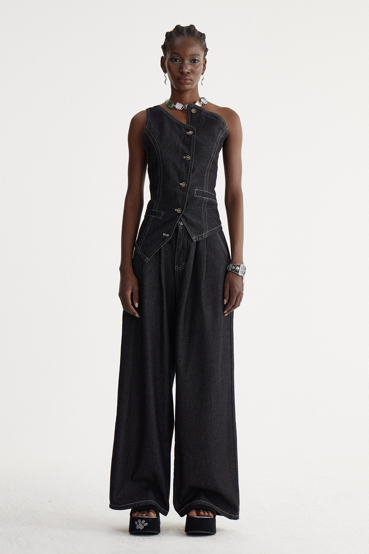 Isidora Asymmetric Denim Pants Set
