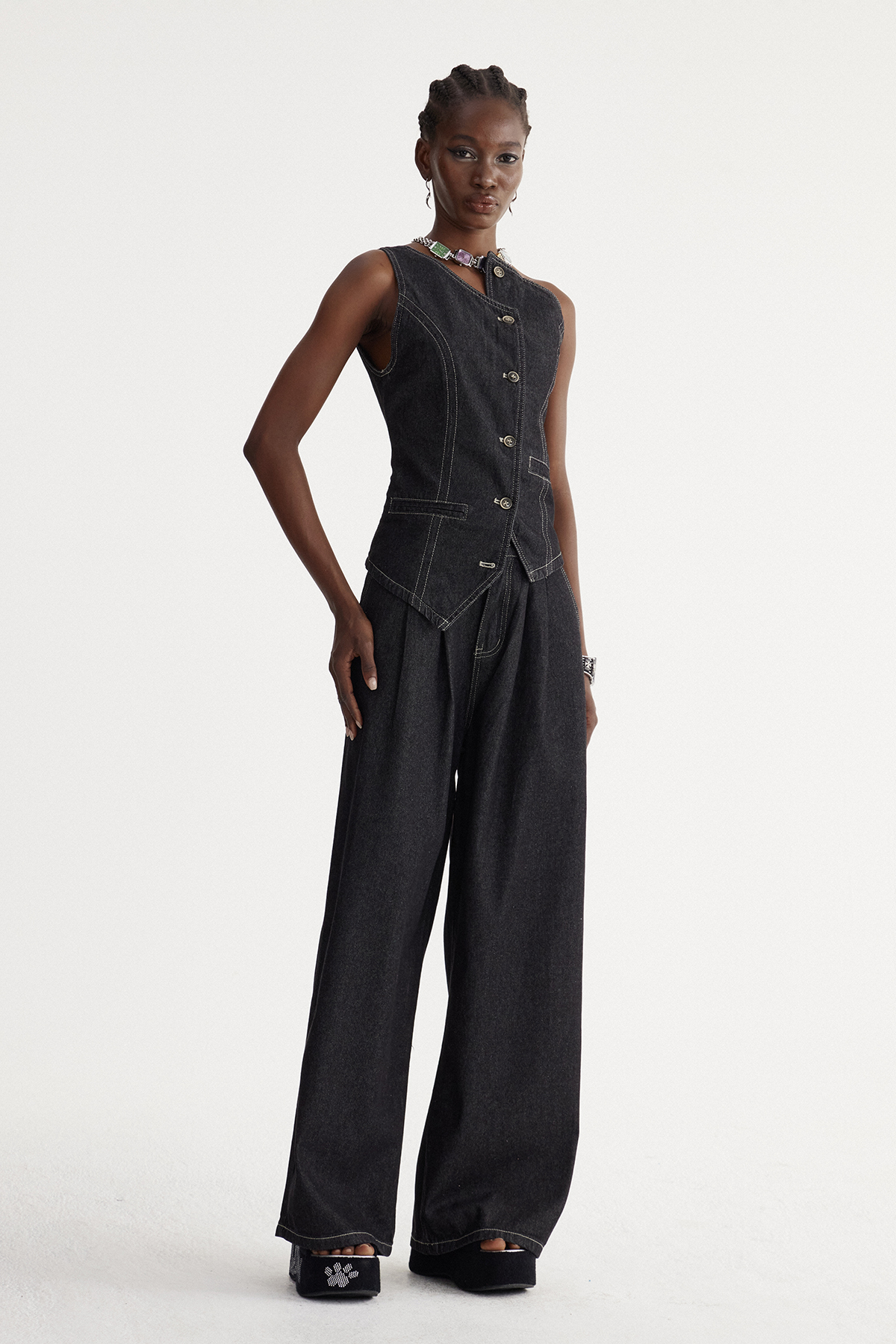 Isidora Asymmetric Denim Pants Set