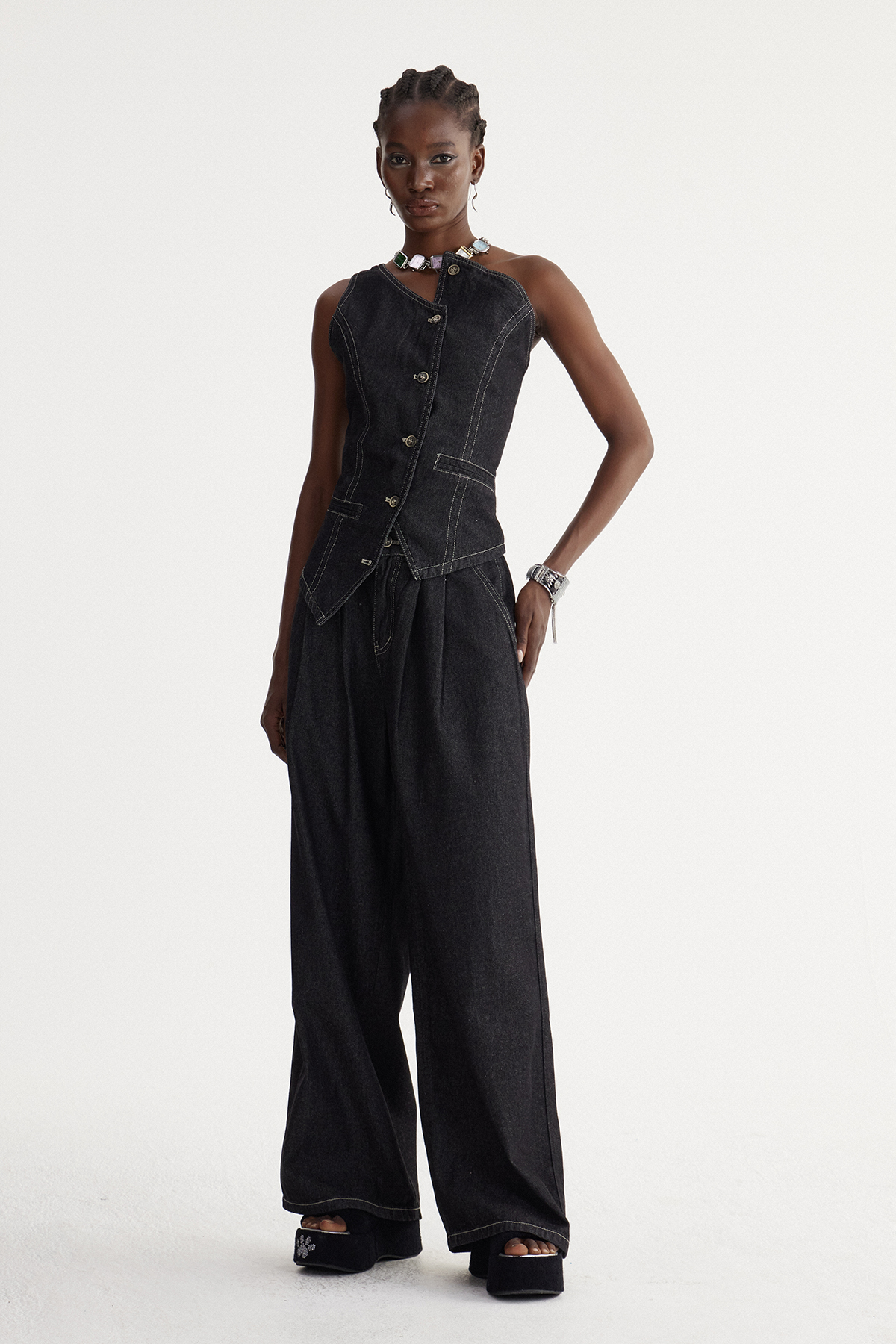 Isidora Asymmetric Denim Pants Set