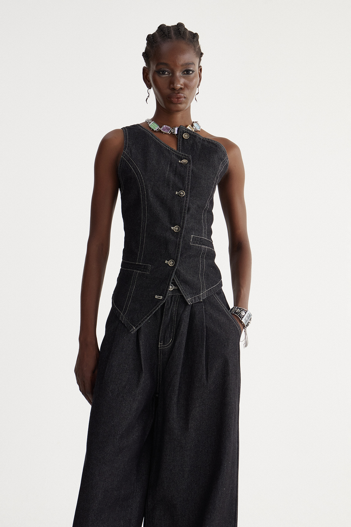 Isidora Asymmetric Denim Pants Set
