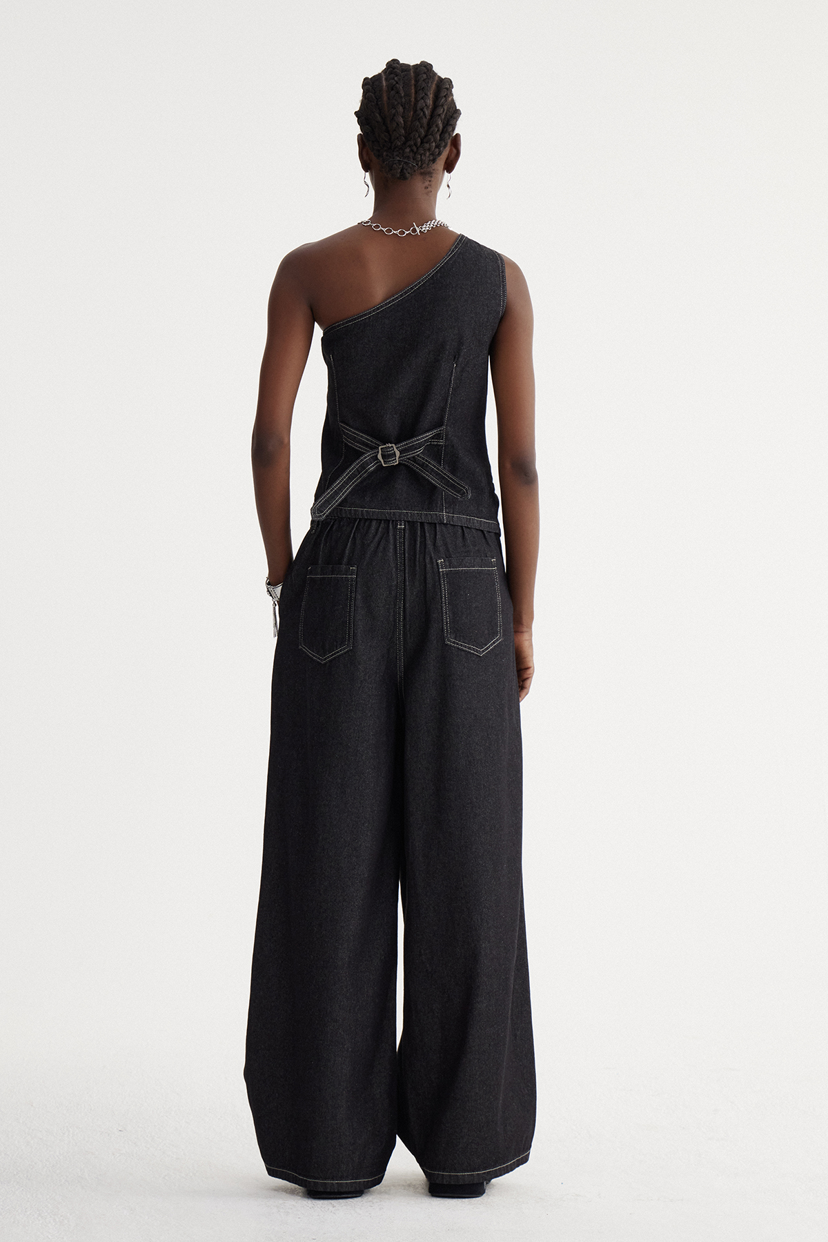 Isidora Asymmetric Denim Pants Set