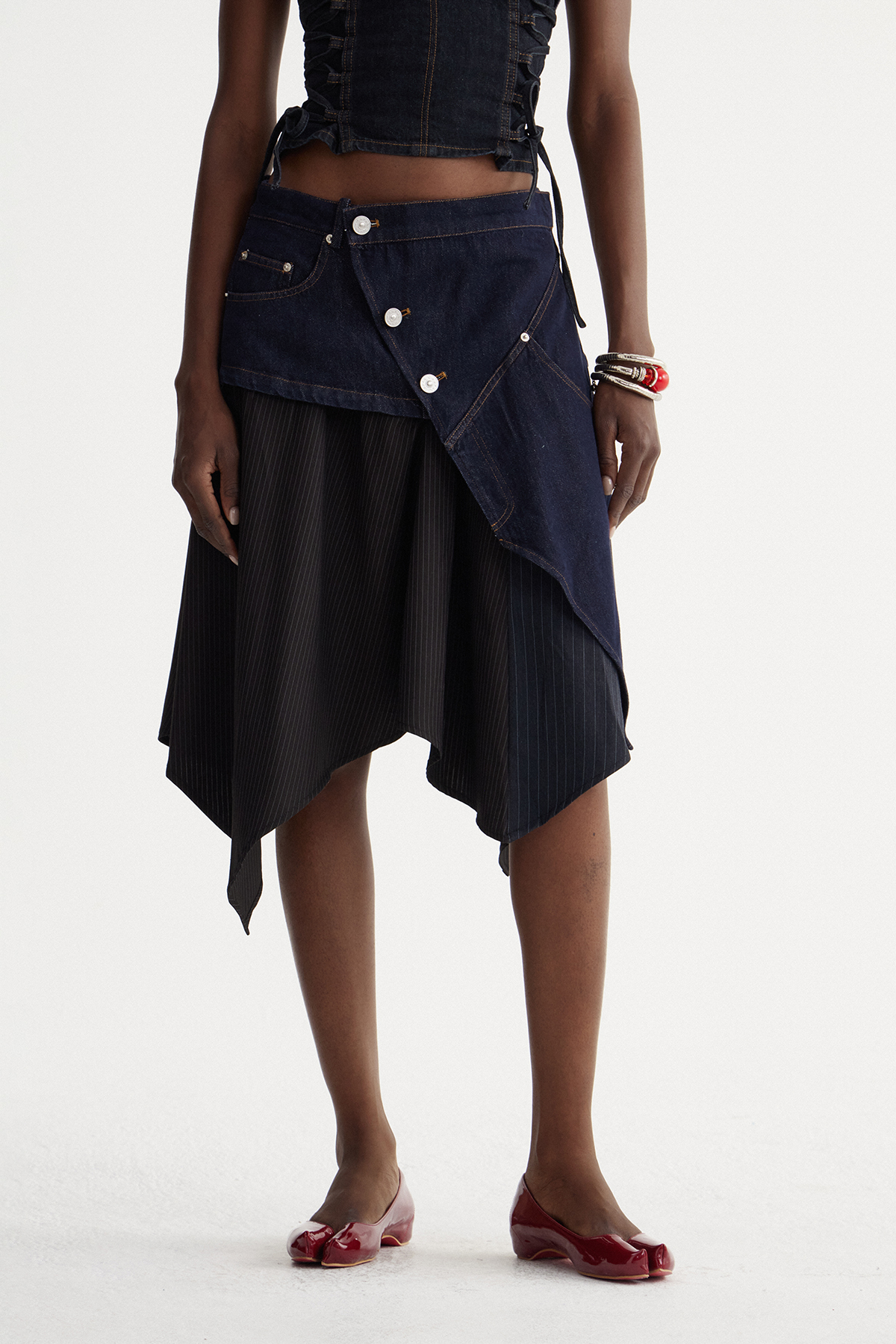 Isidore Deconstruct Stripe Denim Midi Skirt