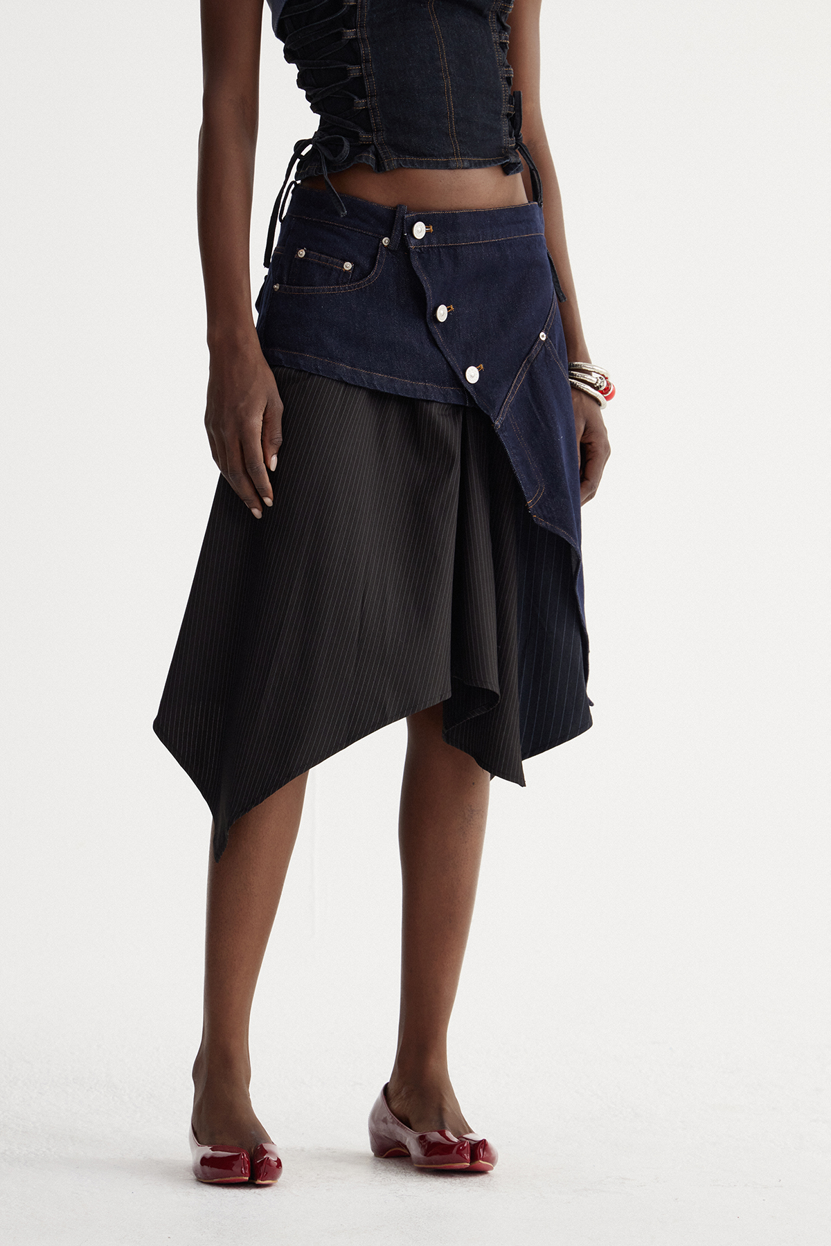 Isidore Deconstruct Stripe Denim Midi Skirt