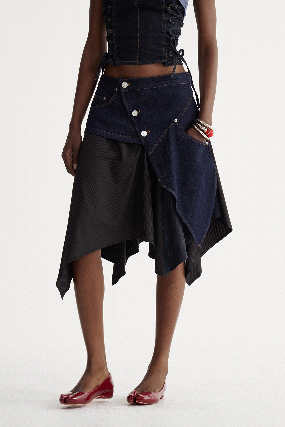 Isidore Deconstruct Stripe Denim Midi Skirt