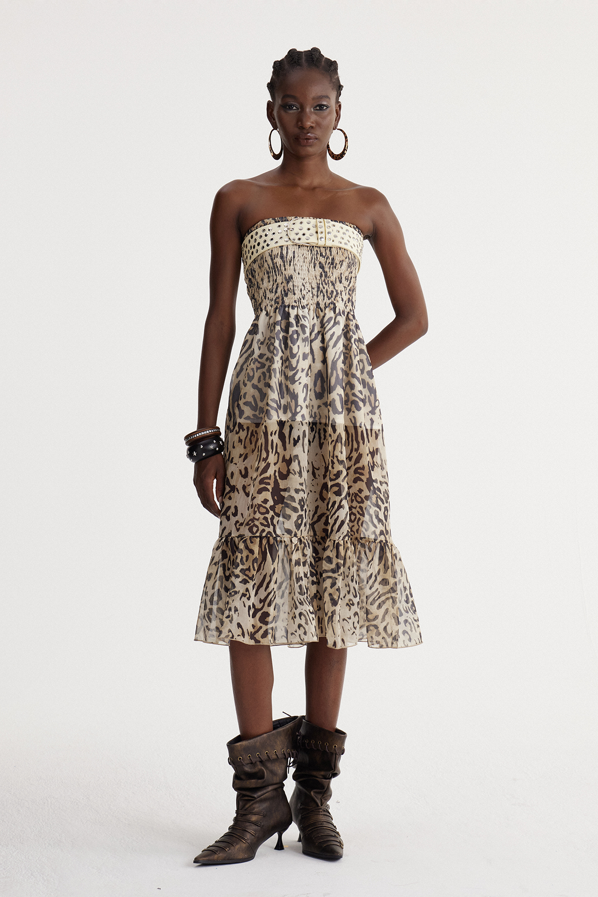 Isidoros Strapless Leopard Midi Dress
