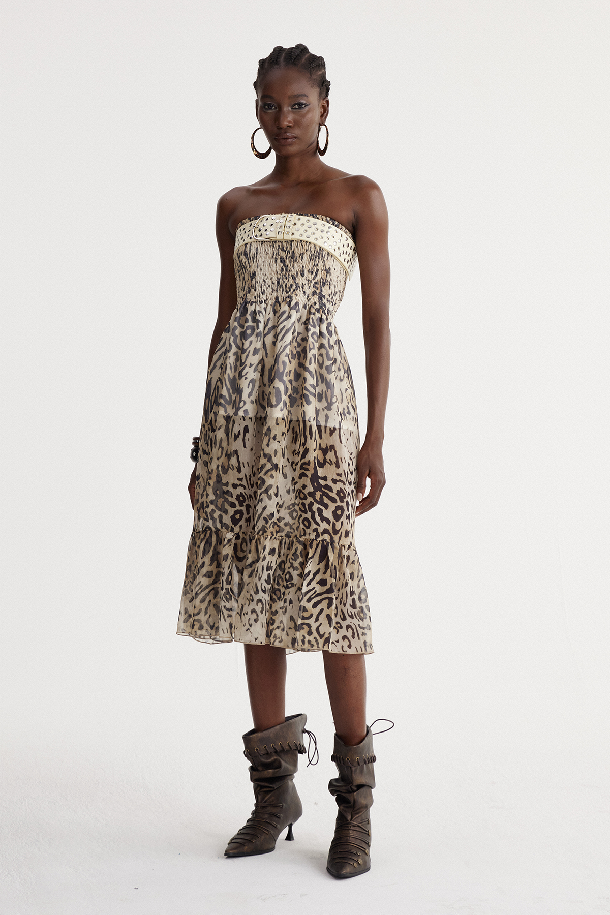 Isidoros Strapless Leopard Midi Dress