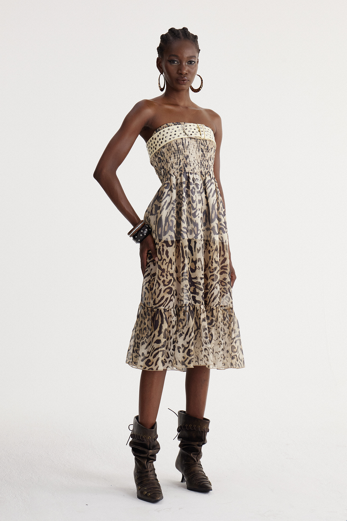 Isidoros Strapless Leopard Midi Dress