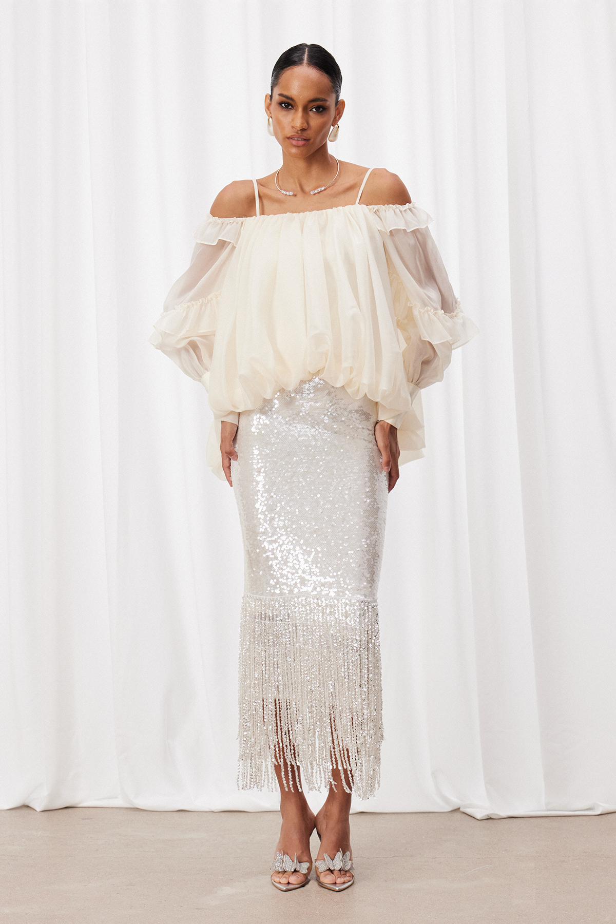 Ismo Ruffle Sequin Fringe Skirt Set