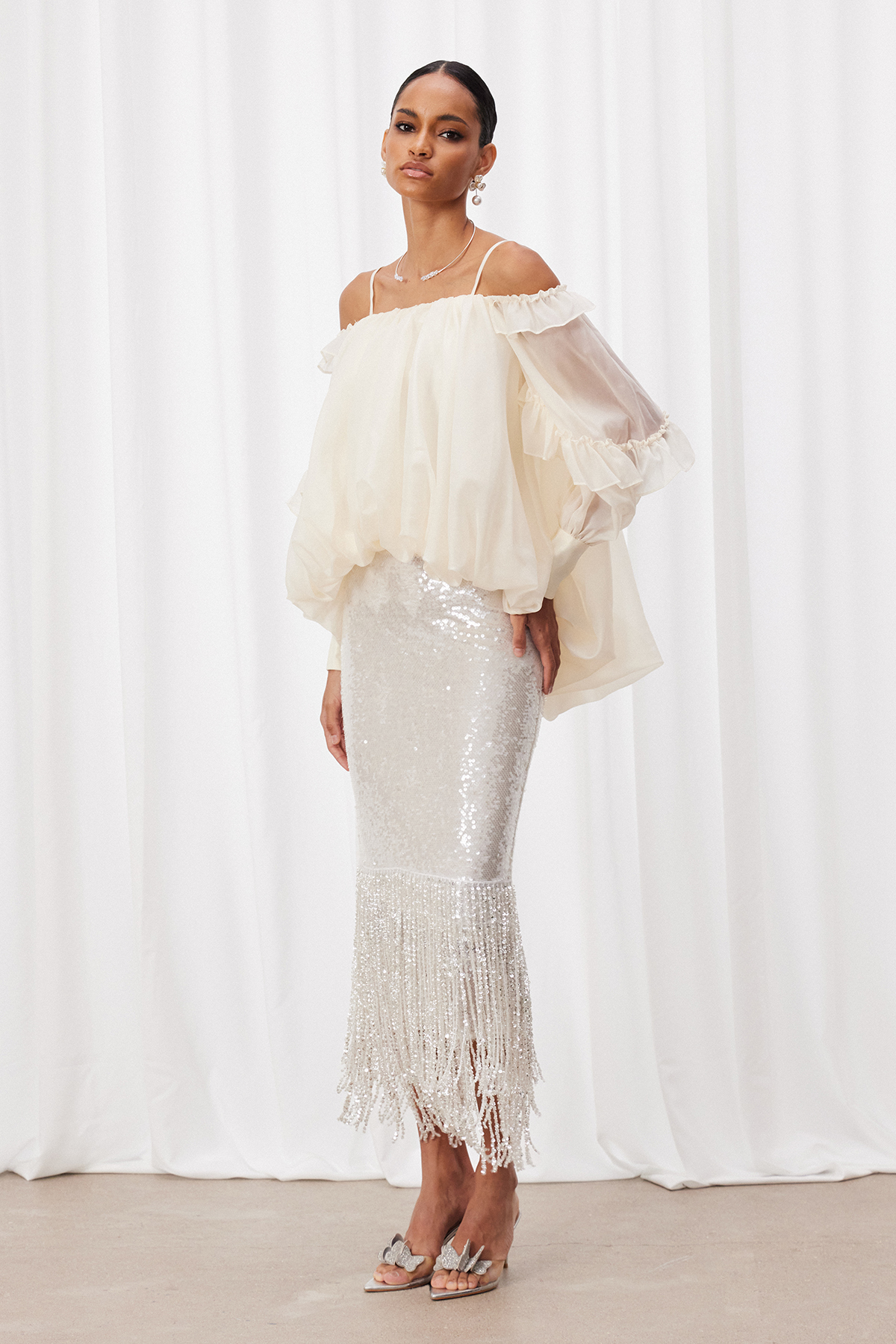 Ismo Ruffle Sequin Fringe Skirt Set
