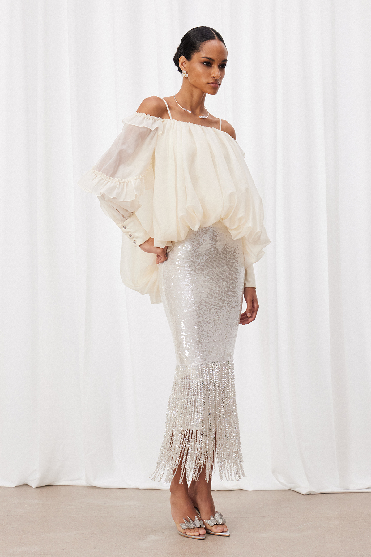 Ismo Ruffle Sequin Fringe Skirt Set