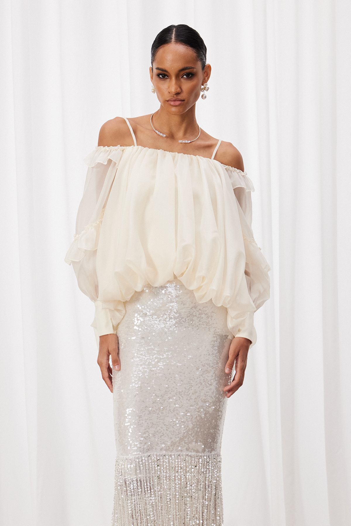 Ismo Ruffle Sequin Fringe Skirt Set