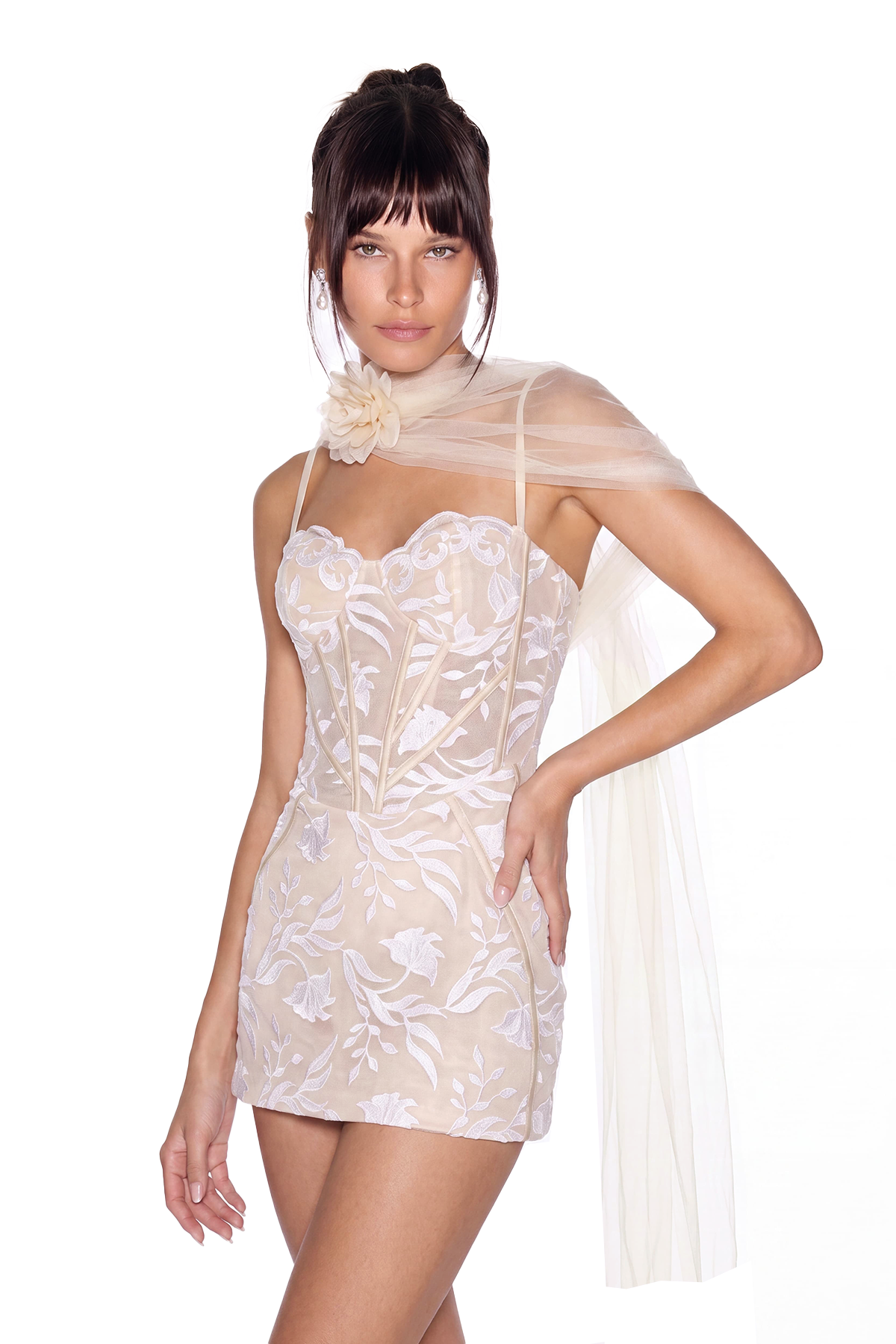 Isotta Embroidered Flower Shawl Mini Dress