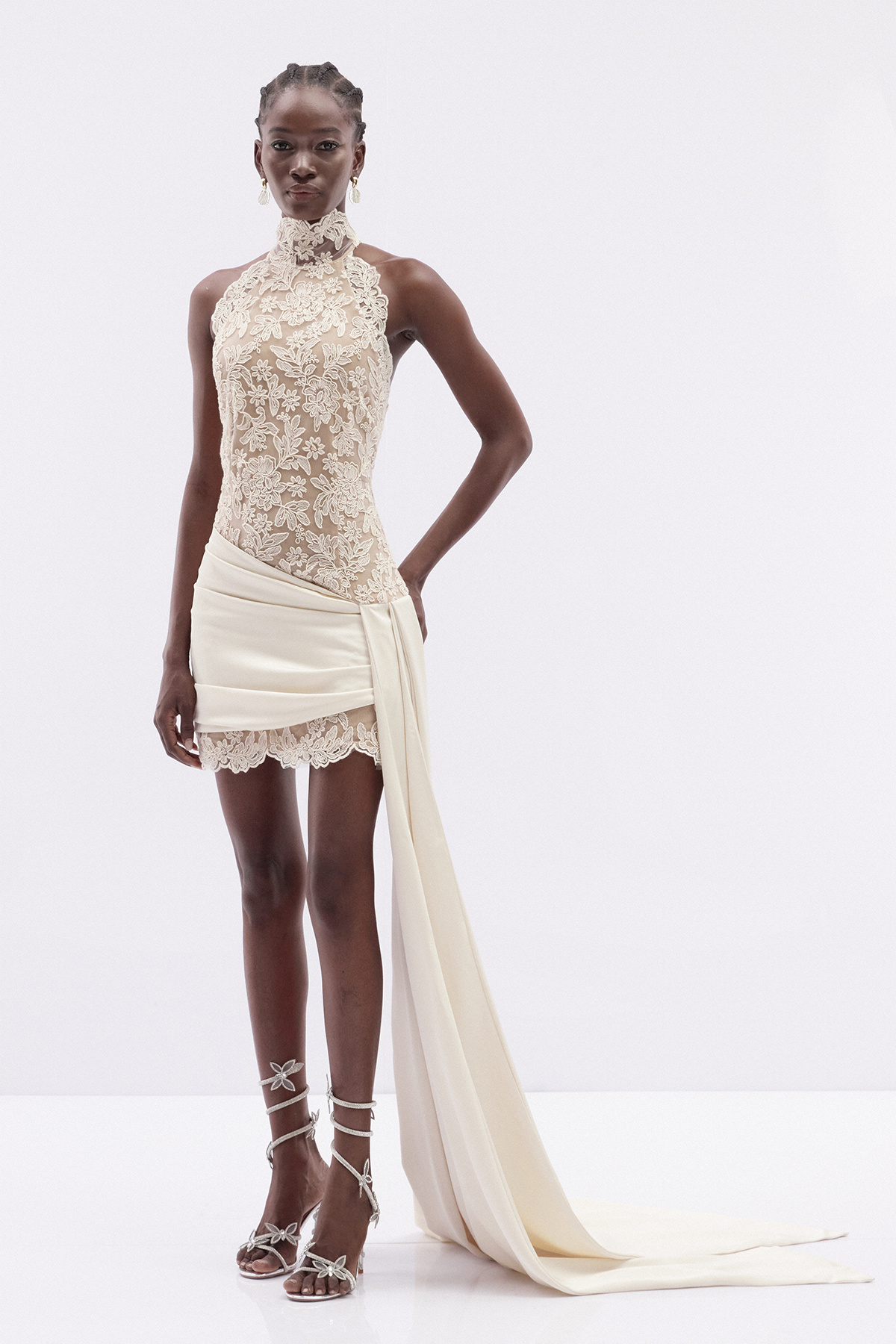 Istvan Halter Neck Lace Fringe Mini Dress
