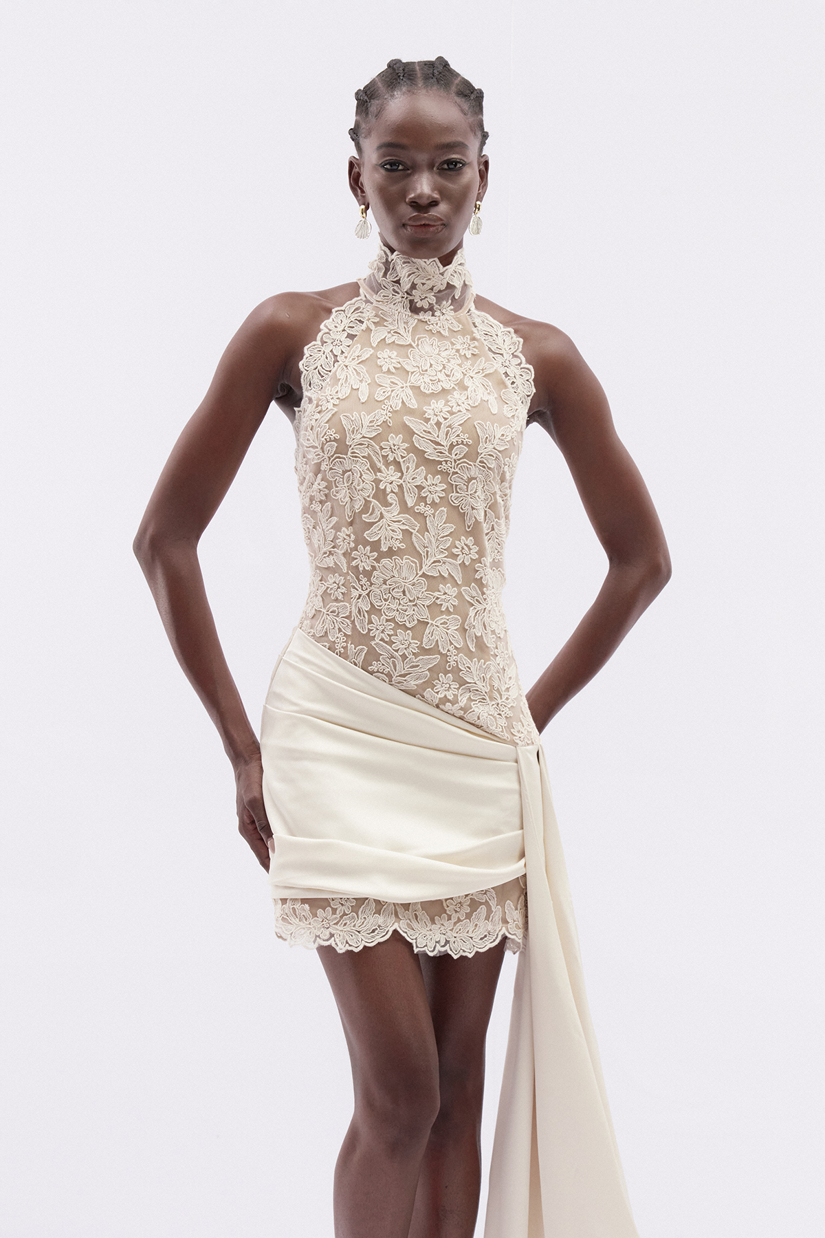 Istvan Halter Neck Lace Fringe Mini Dress
