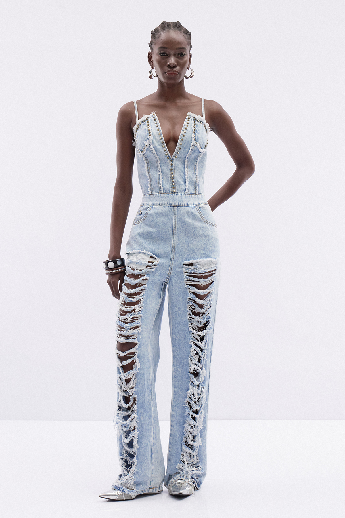 Itsasne Spaghetti Denim Ripped Jumpsuit