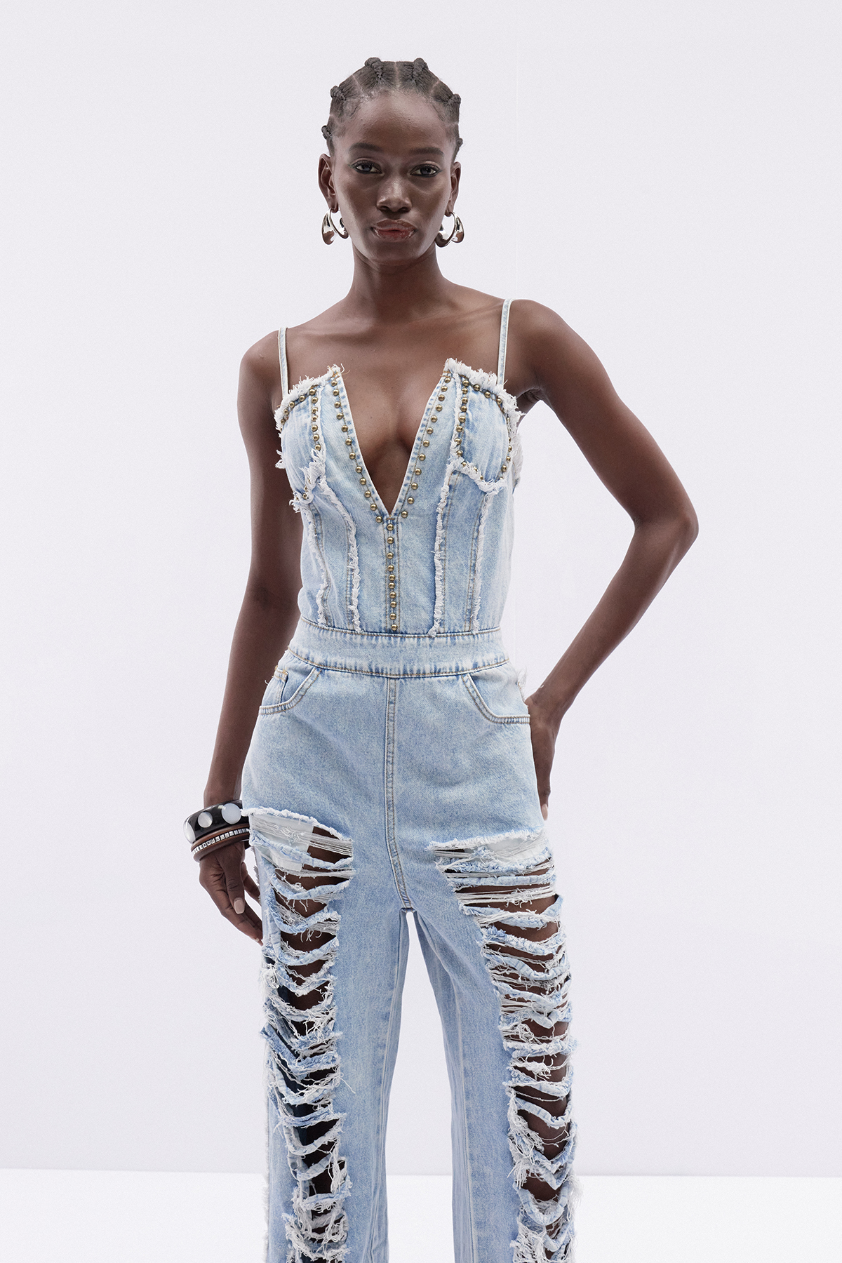Itsasne Spaghetti Denim Ripped Jumpsuit