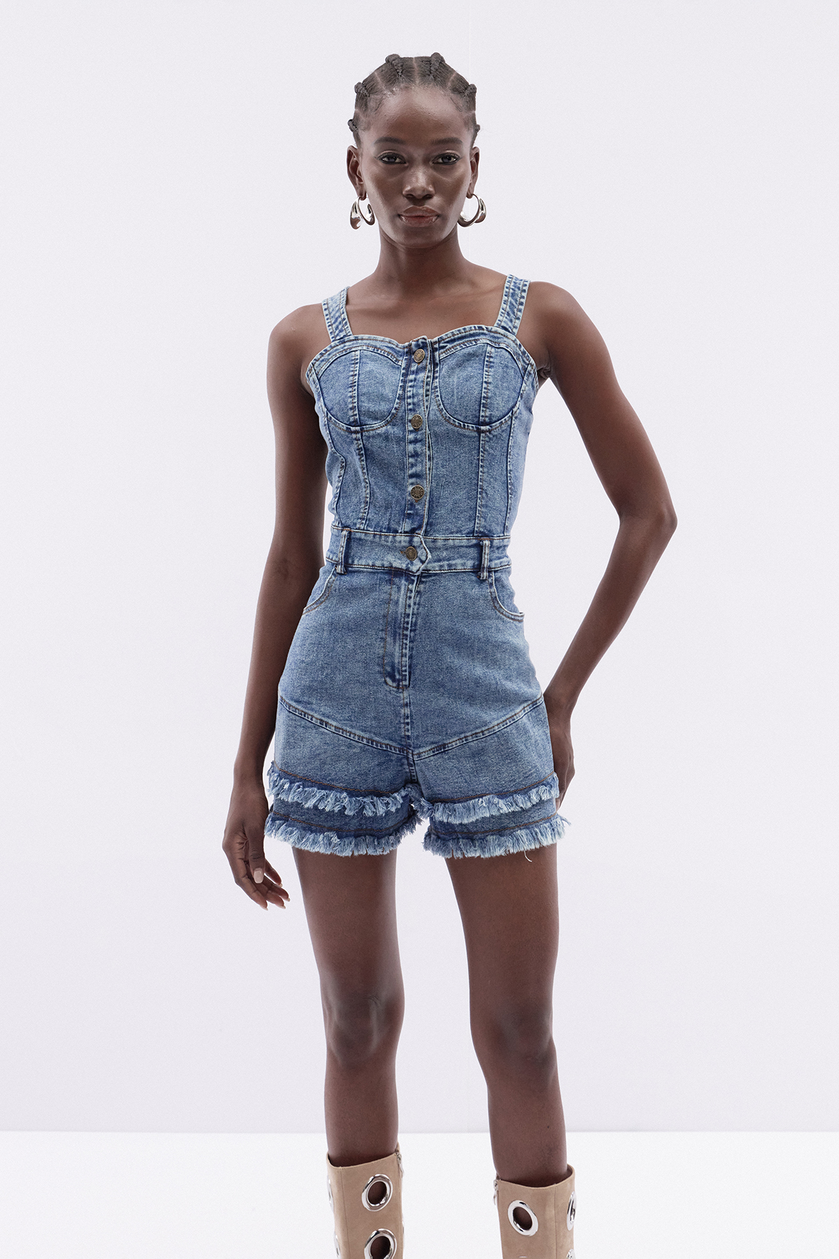 Itumeleng Spaghetti Fringe Denim Playsuit