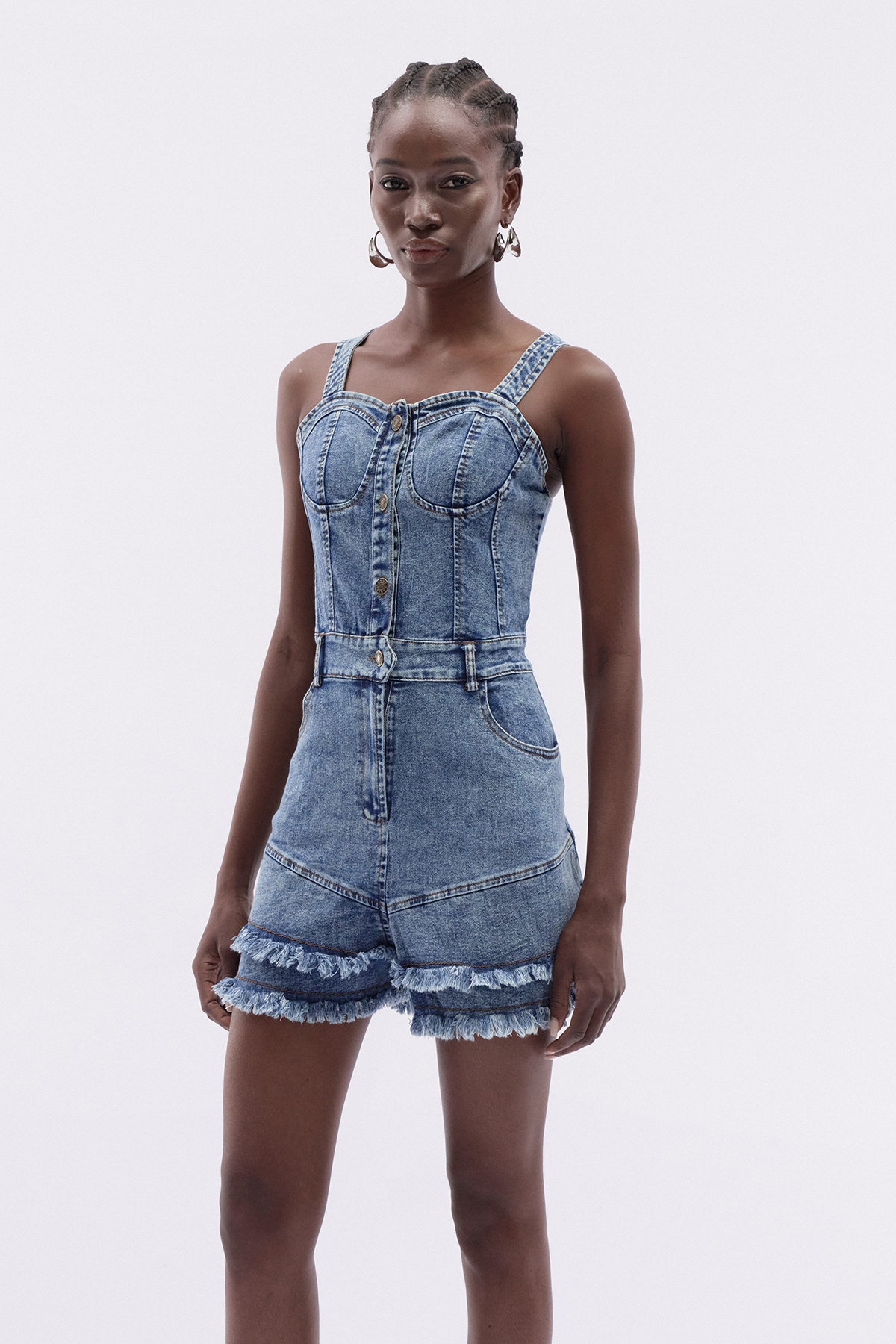 Itumeleng Spaghetti Fringe Denim Playsuit