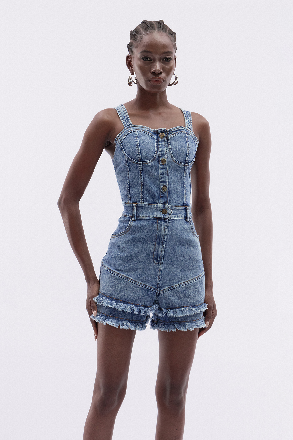 Itumeleng Spaghetti Fringe Denim Playsuit