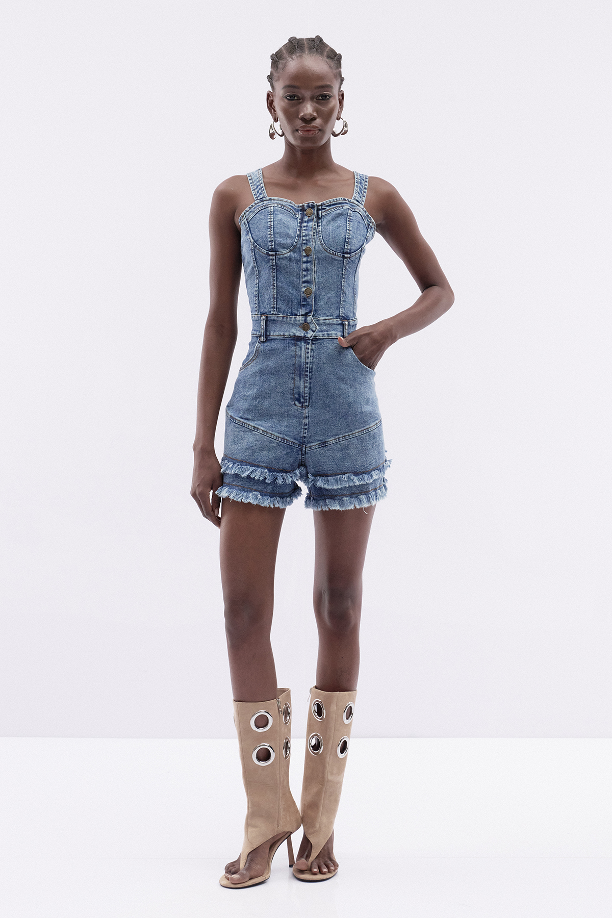 Itumeleng Spaghetti Fringe Denim Playsuit