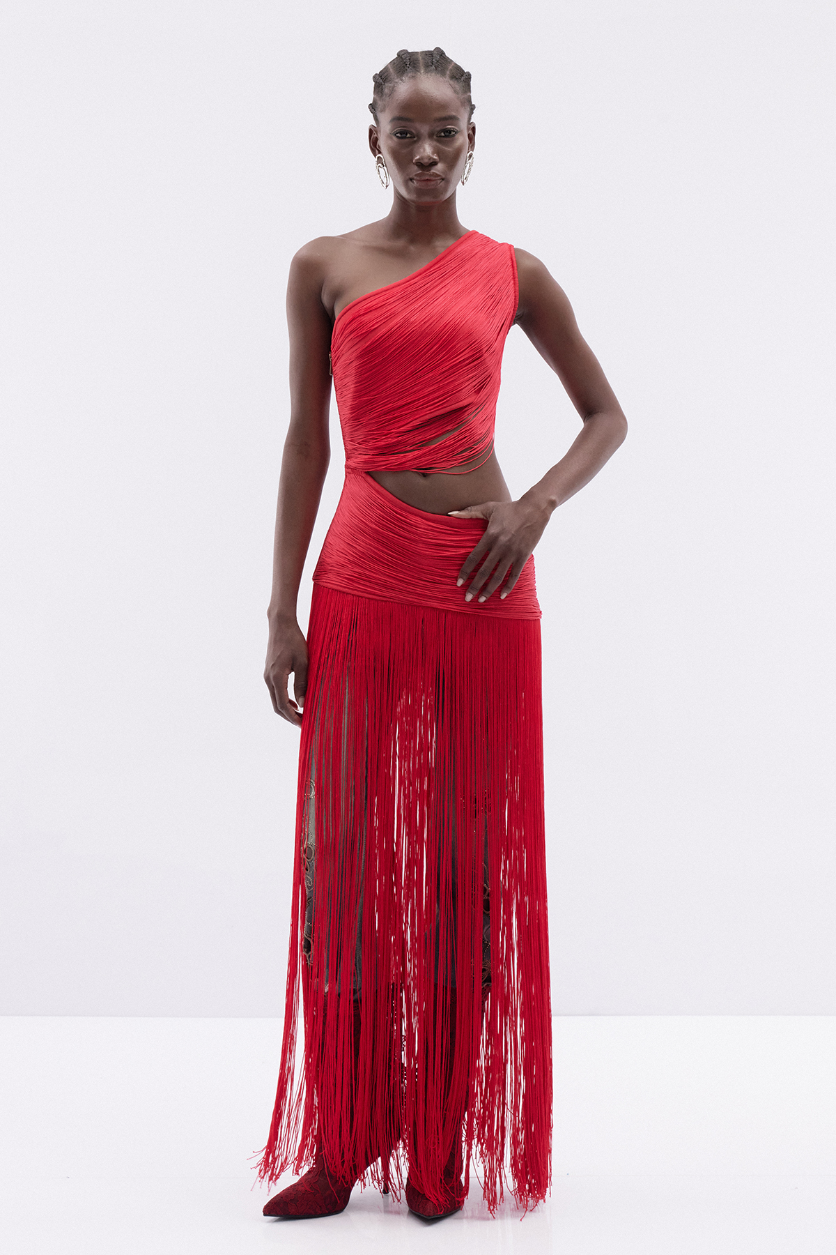 Iudhail One Shoulder Fringe Maxi Dress