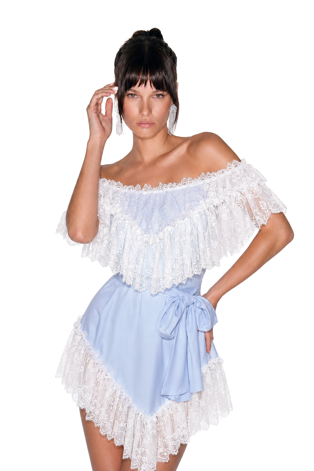 Iustus Off Shoulder Lace Tie Up Mini Dress