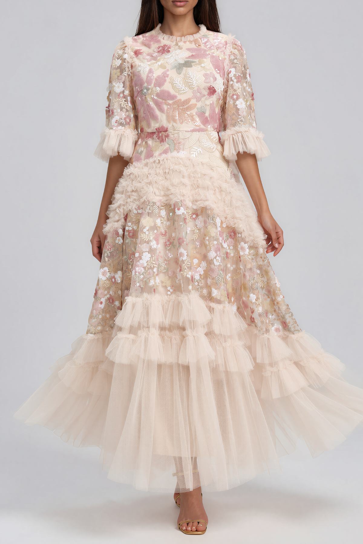 Iva Embellished Sequin Ruffle Maxi Dress