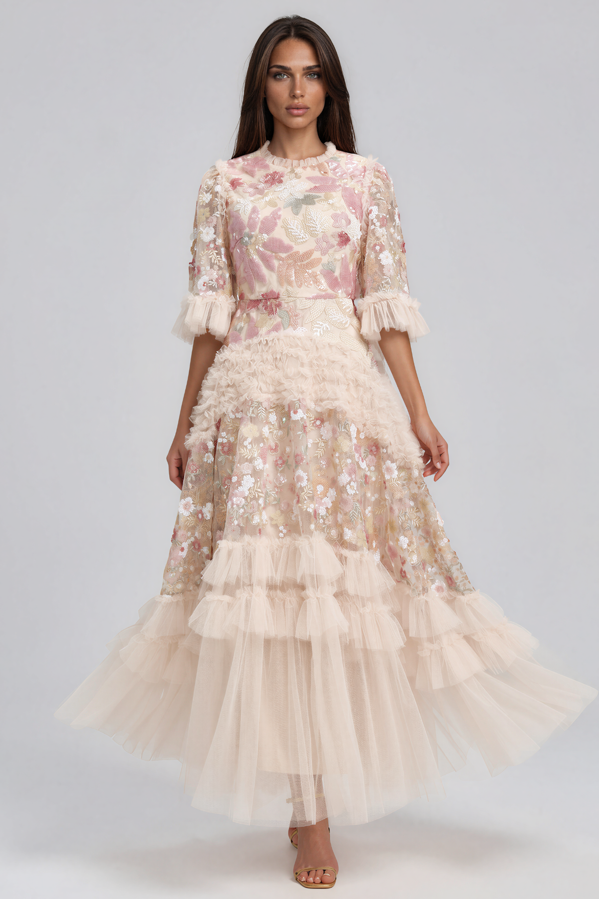 Iva Embellished Sequin Ruffle Maxi Dress