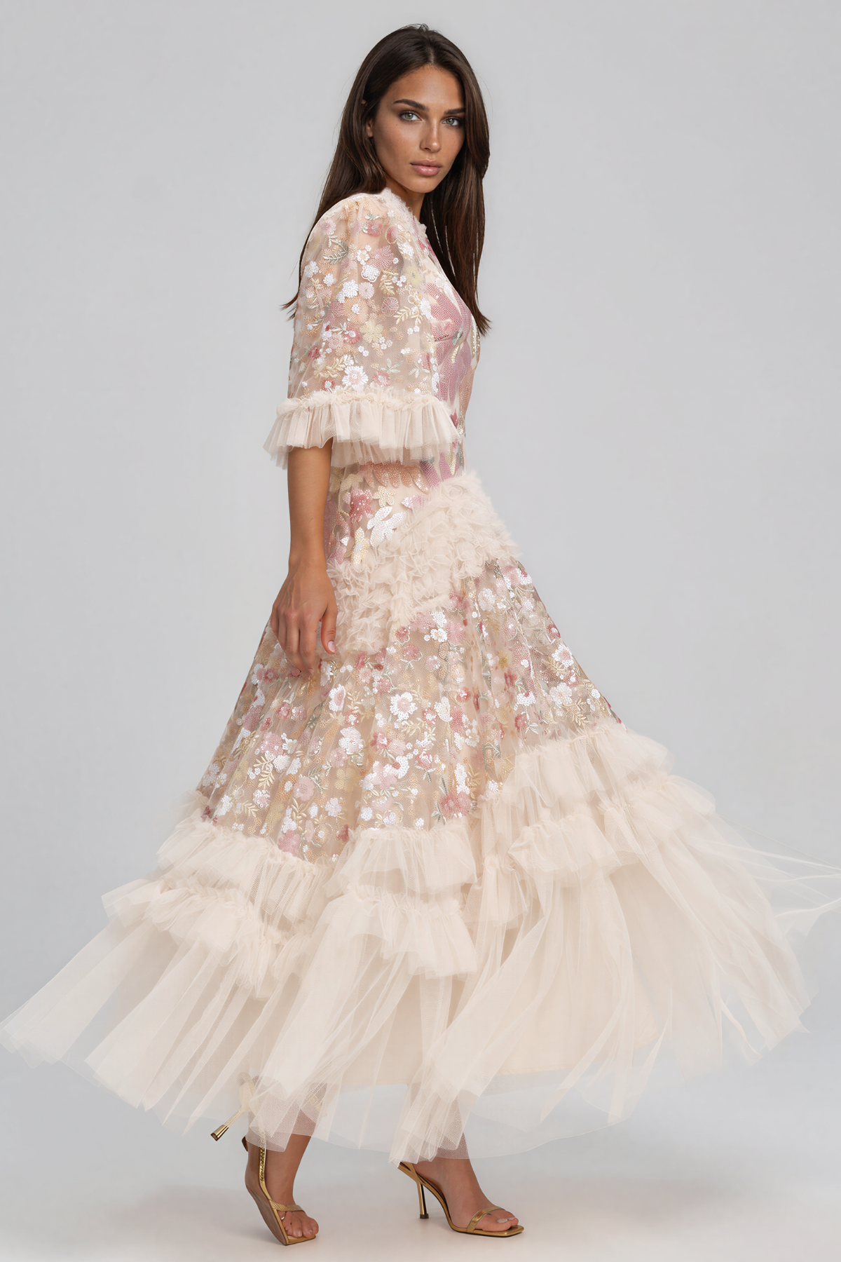 Iva Embellished Sequin Ruffle Maxi Dress