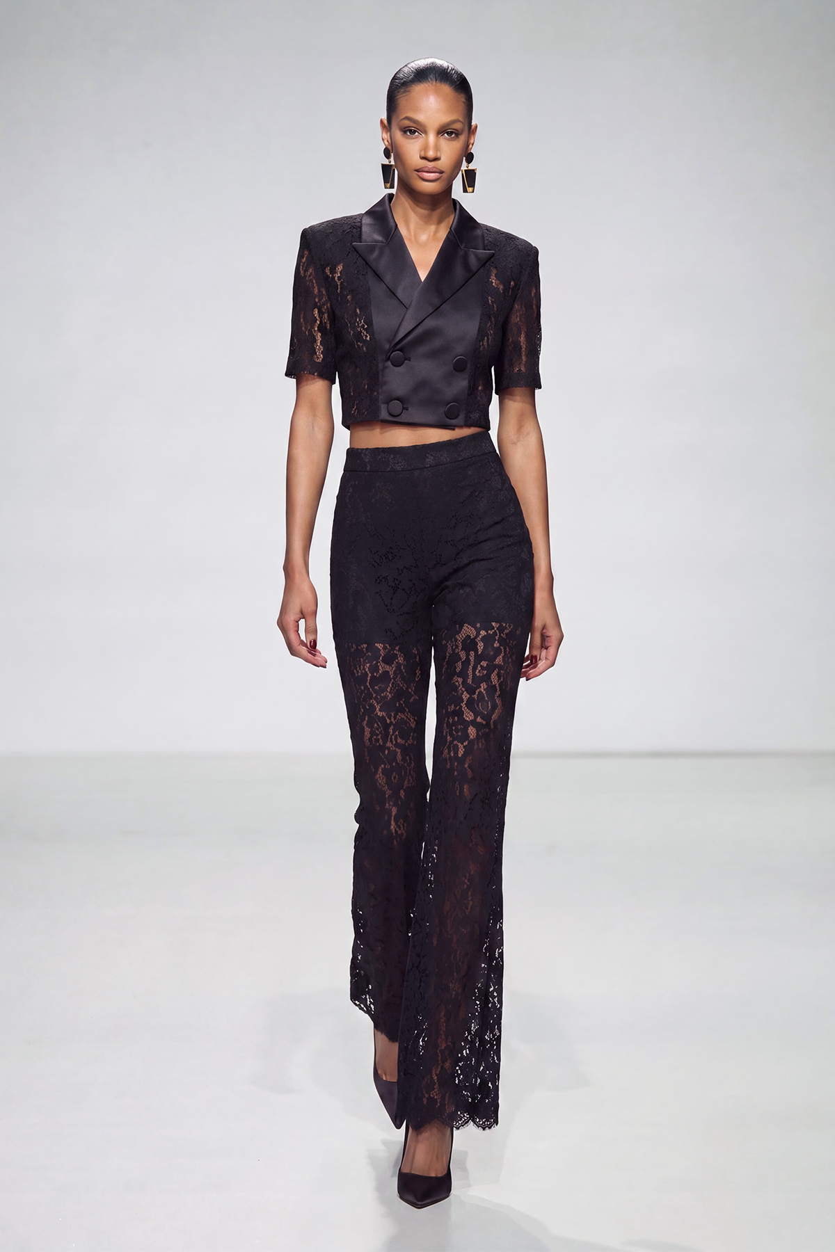 Ivayla Satin Lapel Lace Pants Set