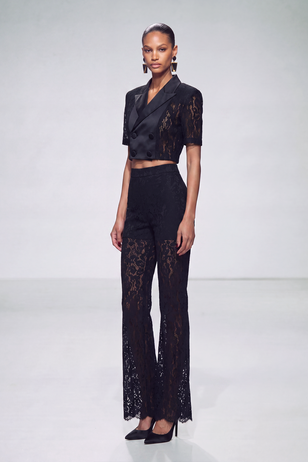 Ivayla Satin Lapel Lace Pants Set