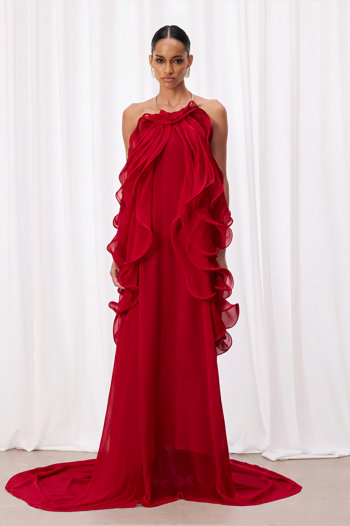 Iyla Halter Neck Ruffle Maxi Dress In Red