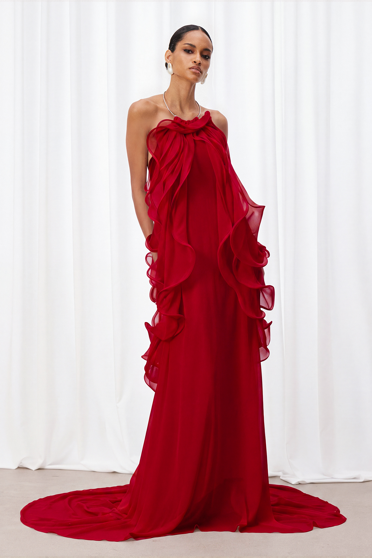 Iyla Halter Neck Ruffle Maxi Dress In Red
