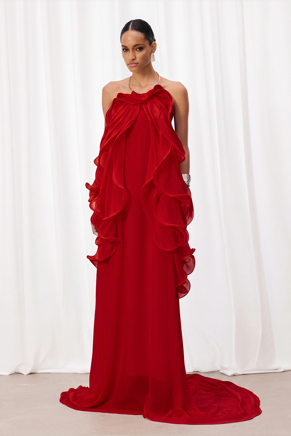 Iyla Halter Neck Ruffle Maxi Dress In Red