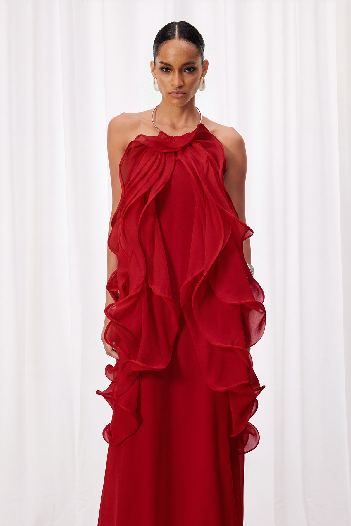 Iyla Halter Neck Ruffle Maxi Dress In Red