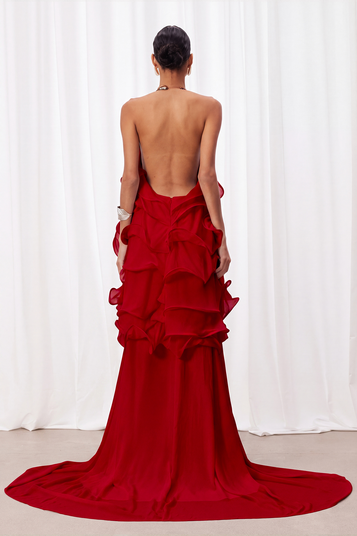 Iyla Halter Neck Ruffle Maxi Dress In Red