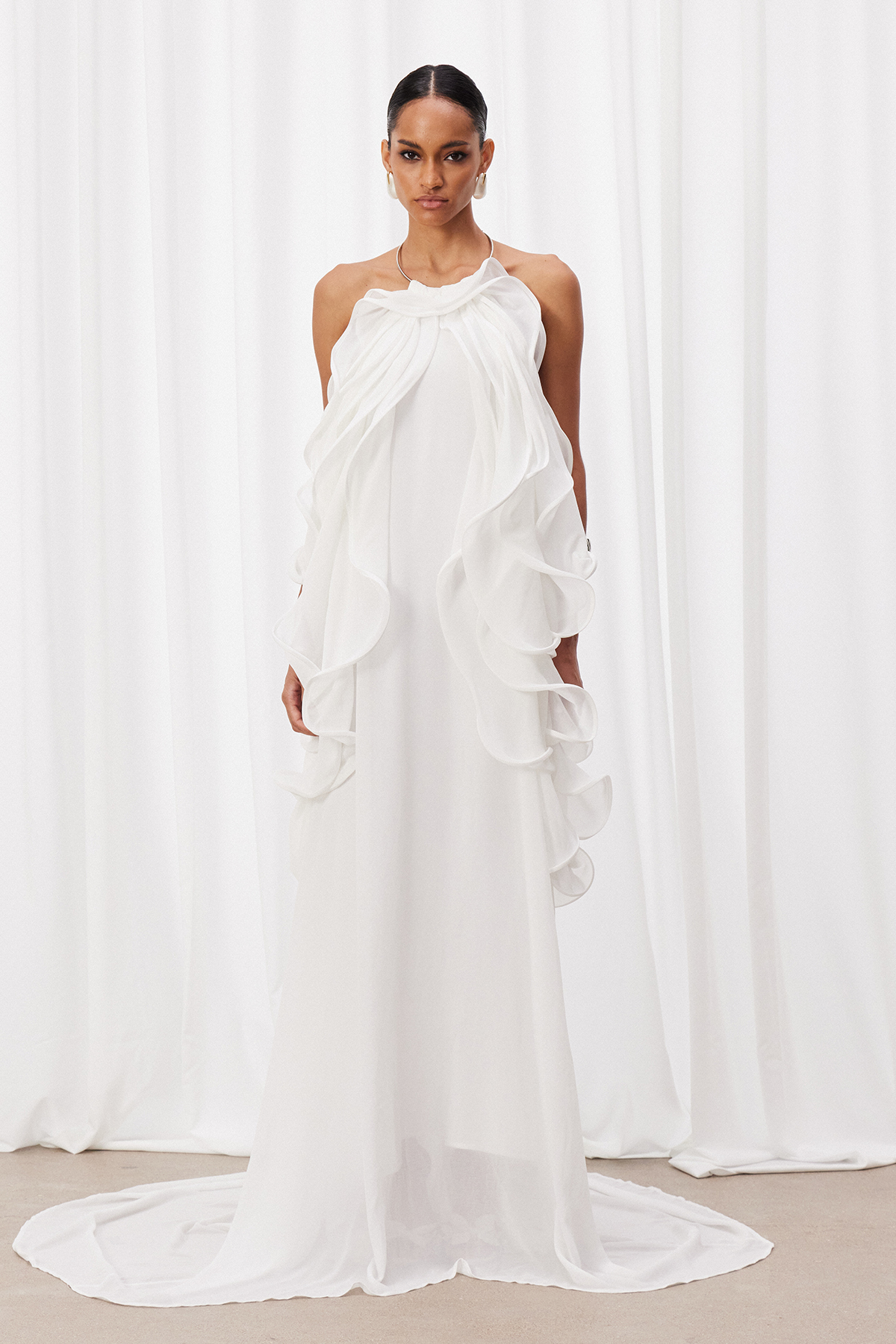 Iyla Halter Neck Ruffle Maxi Dress In White