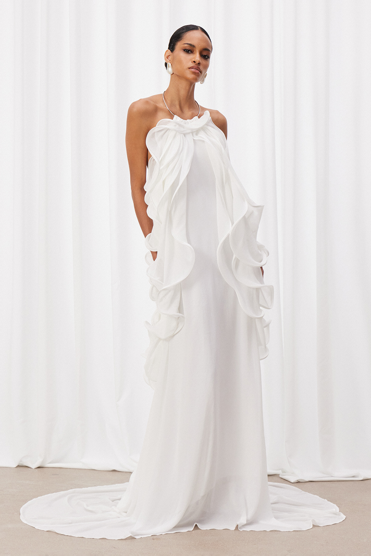 Iyla Halter Neck Ruffle Maxi Dress In White