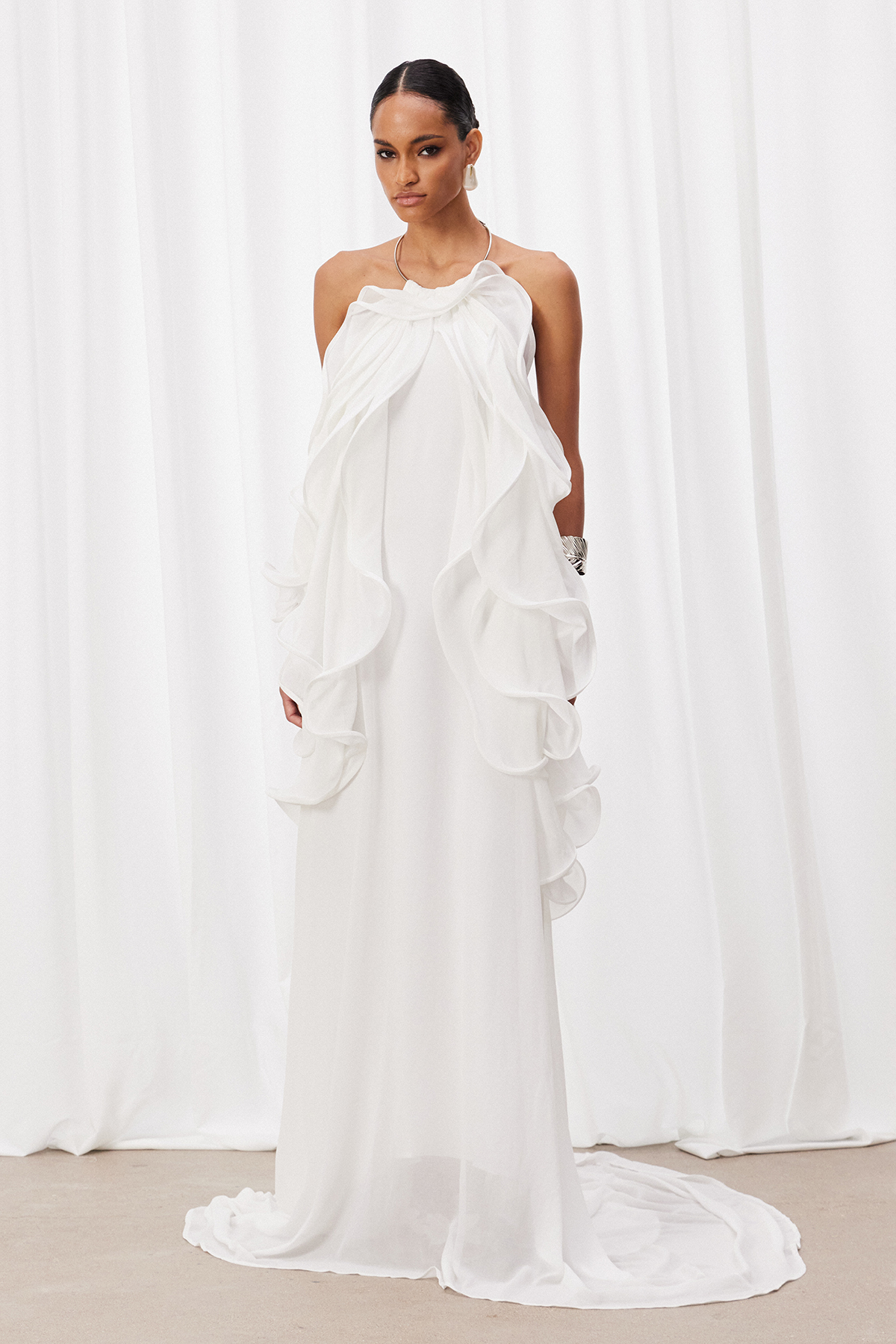 Iyla Halter Neck Ruffle Maxi Dress In White